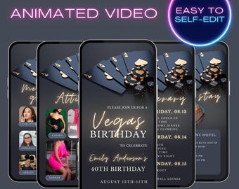 Las Vegas digital weekend itinerary template, Vegas birthday invite, phone animated video template envitation, adult Vegas trip bday, evite