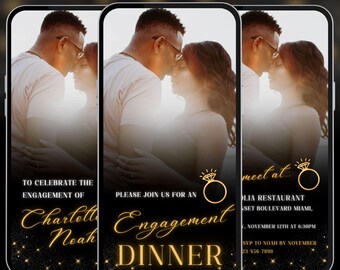 Black gold photo engagement dinner digital invite, elegant video evite, Canva editable template, A130