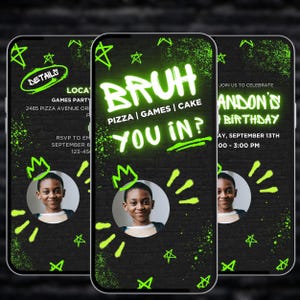 Könnte beinhalten: Eine grüne und schwarze Geburtstagseinladung mit dem Text "Bruh Pizza | Games | Cake You In?" und einem Foto eines jungen Jungen. Die Einladung enthält auch den Text "Join us to celebrate Andon's Birthday" und das Datum und die Uhrzeit der Party.