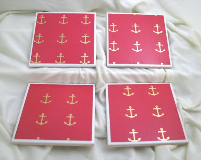 Coasters for Drinks - Father's Day gift - Handmade Coasters - Gold Anchors on Red background - Drink Coasters - Decoupage Coasters Nautical