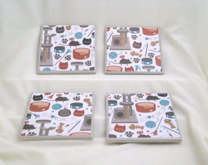 Coasters for Drinks - Tile Coasters - Handmade Coasters - Cute Cat Theme - Cat Lovers - Coasters - Drink Coasters - Decoupage Coasters
