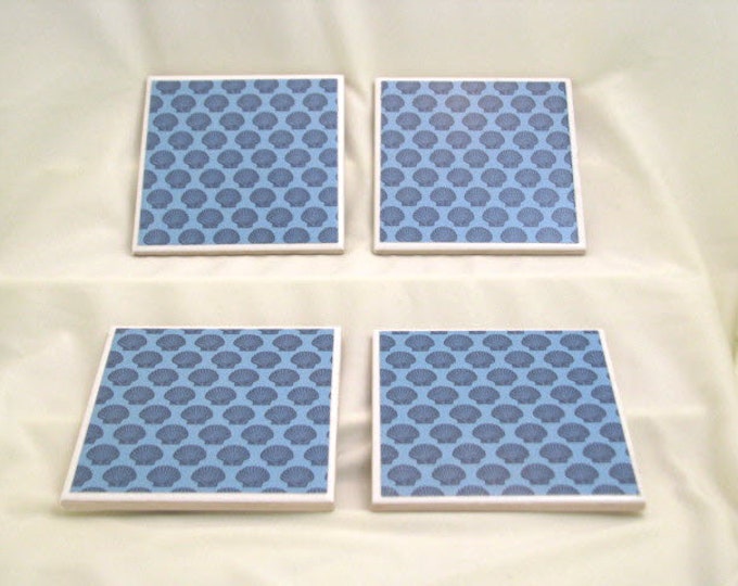 Coasters for Drinks - Father's Day gift - Handmade Coasters - Dark blue scallops - Ocean Beach Lovers - Drink Coasters - Decoupage Coasters