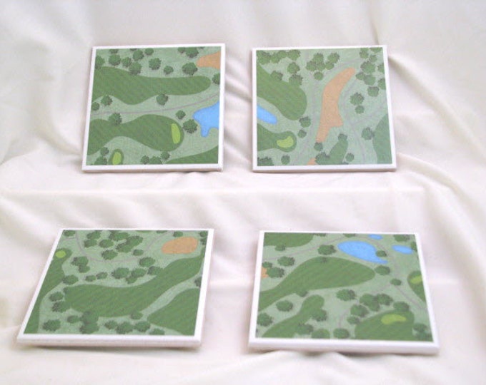 Coasters for Drinks - Tile Coasters - Handmade Coasters - Golf Theme - Golf Course pictures - Golf Lovers - Decoupage Coasters