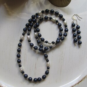 Pearl and Blue Satin Czech Glass Bead Necklace and Earrings gift for her, natural pearls, unique, stylish, women&#39;s, elegant, chic