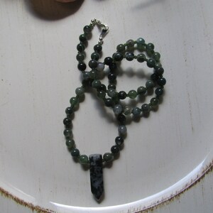 Moss Agate Beaded Necklace with Faceted Point - 20&quot;