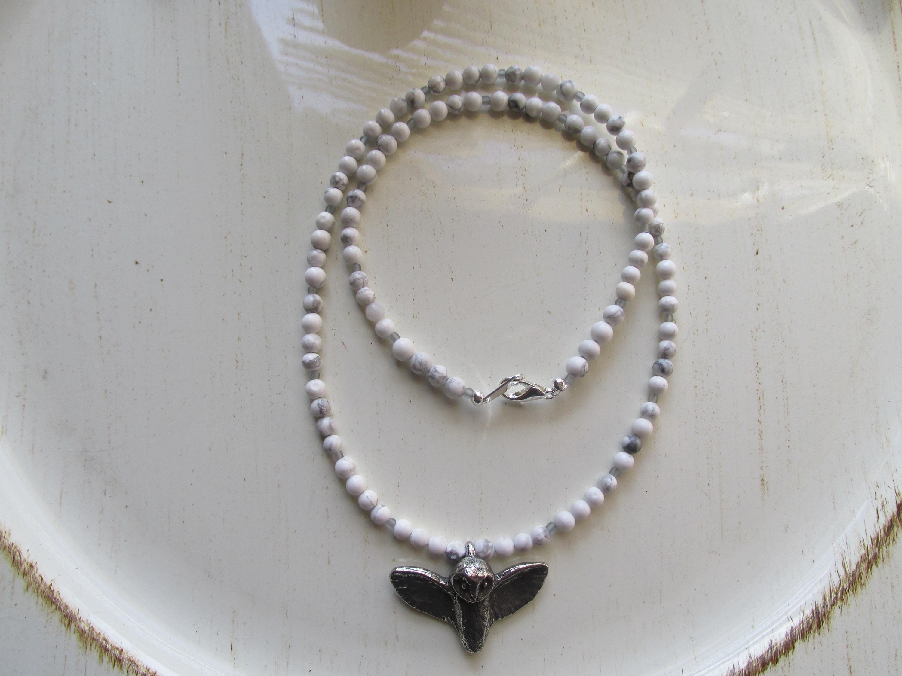 Natural Howlite Necklace With Owl Pendant, Stone of awareness, Unique, Elegant, Last Minute Gift, Di