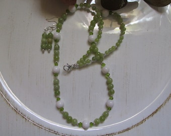 Green Chalcedony and White Jade Necklace and Earrings, spring necklace, women's, beaded, causal, fashionable, layering, gift for her