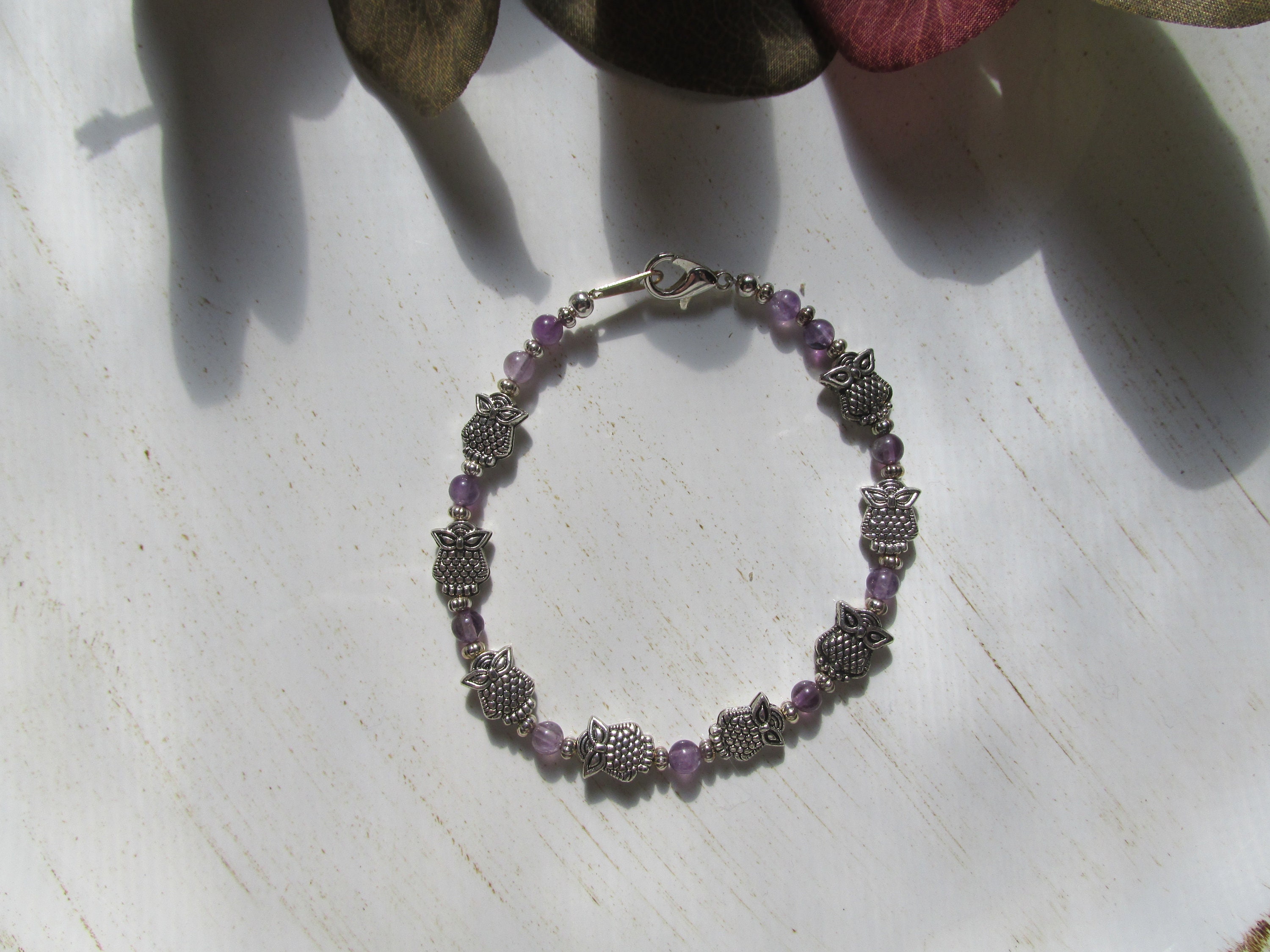 Amethyst Owl Bracelet gift for her, layering, stackable, boho, stylish, unique, fashionable, chic, c