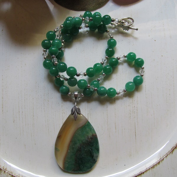 Natural Green Druzy Agate and Green Quartz Necklace, pendant necklace, gift for her, one of a kind, statement piece, awaken love