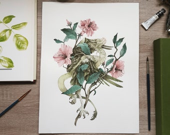 Hibiscus Dragon Original Watercolour Illustration~ Giclée Art Print