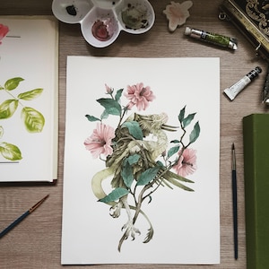 Hibiscus Dragon Original Watercolour Illustration~ Giclée Art Print