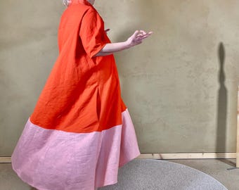 CARO - Colourblock Leinenkleid in den Farben deiner Wahl! Bodenlang oder Midi, mit Stehkragen & halblangen Ärmeln, maßgeschneidert für dich