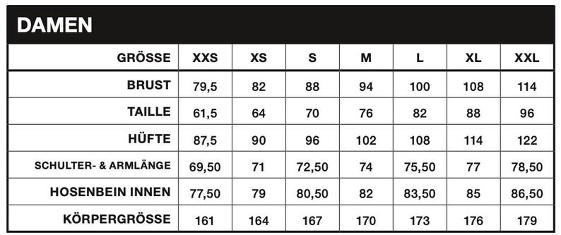 K&ouml;nnte beinhalten: Eine schwarz-wei&szlig;e Gr&ouml;&szlig;entabelle f&uuml;r Damenbekleidung mit Ma&szlig;en in Zentimetern. Die Tabelle umfasst Gr&ouml;&szlig;en von XXS bis XXL und listet Brust-, Taillen-, H&uuml;ft-, Schulter-/&Auml;rmell&auml;nge-, Innenbein- und K&ouml;rpergr&ouml;&szlig;enma&szlig;e auf.