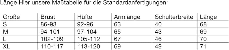 May include: Size chart for standard garment sizes in inches. The chart shows measurements for chest, waist, sleeve length, shoulder width, and length. Sizes include S, M, L, and XL.