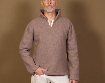 WOOLISTIC ANMUT - Outdoor sweater with an elegant collar for men made of taupe wool, elegant & casual, alternative men's clothing