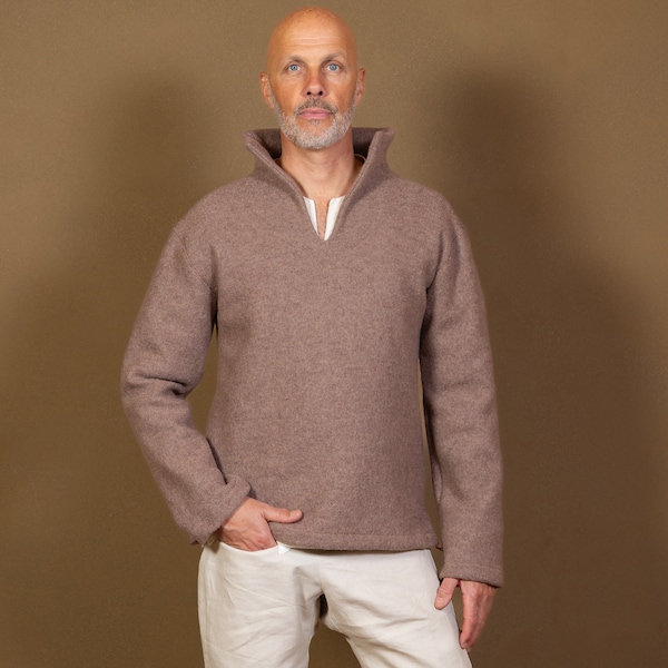 WOOLISTIC ANMUT - Outdoor sweater with an elegant collar for men made of taupe wool, elegant & casual, alternative men's clothing