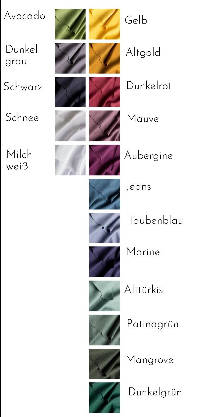 K&ouml;nnte beinhalten: Eine Farbkarte mit Stoffmustern in verschiedenen Farbt&ouml;nen. Die Karte enth&auml;lt Farben wie Avocado, Dunkelgrau, Schwarz und Wei&szlig; sowie Optionen wie Gelb, Altgold und Dunkelrot. Der Text beschriftet jede Farbe.
