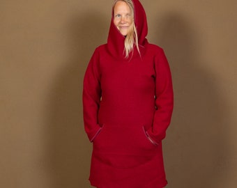 WINTERJUWEL ZIP - Red wool dress with shawl hood made of 100% wool in size. 38/40, go through the day radiantly, casual, sustainable & fair