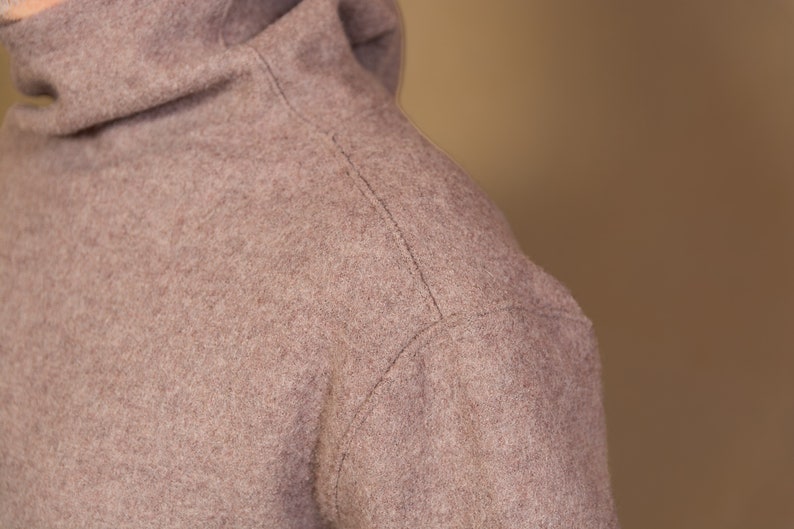 May include: Close-up of a brown turtleneck sweater with a seam running down the shoulder.