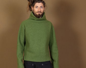 WOOLISTIC - Pull en laine minimaliste à col montant en laine vierge biologique de taille. M/L, couleur vert forêt, respirant et déperlant