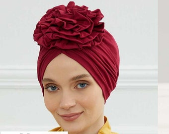 Instant Turban Cotton Scarf Head Wrap Lightweight Cancer Chemo Headwear Hat with Gorgeous Handmade Rose Detail B-21