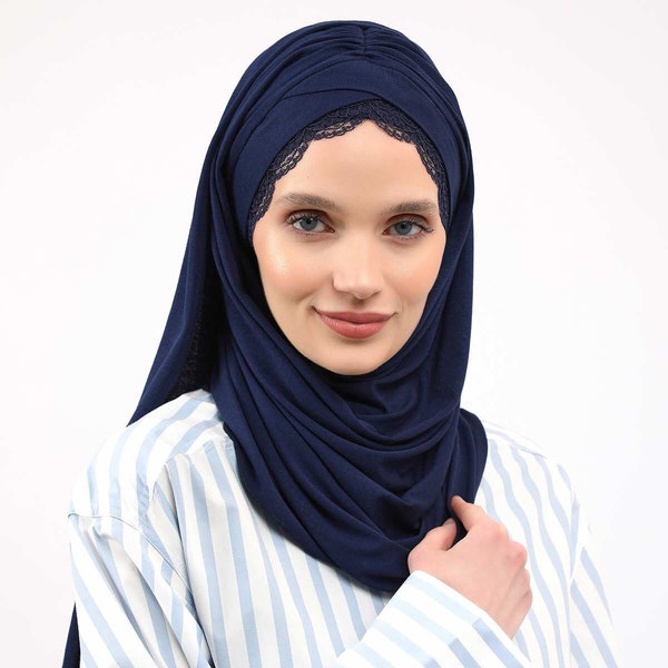 Instant Shawl for Women %95 Cotton Modesty Turban Lace Detailed Head Wrap Scarf Front Trimmed,CPS-48