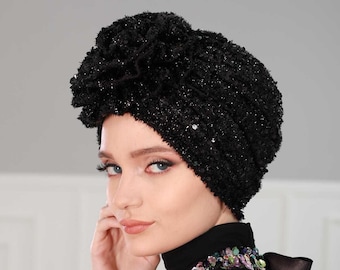 Sparkly Black Sequin Rose Instant Turban, Stylish Pre-Tied Headwrap for Fashionable Women, Chic Chemo Cap with Floral Embellishment,B-21SK