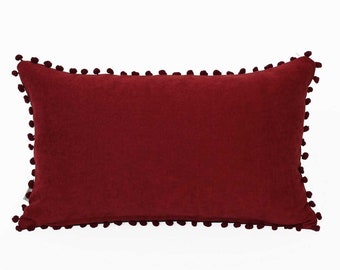 Solid Boho Decorative Pillow Cover with Pom-poms, 20x12 Inches Rectangle Large and Soft Comfortable Lumbar Pillow Cover,K-110