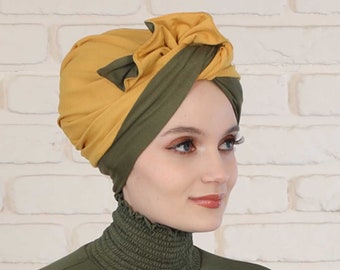 Tweekleurige katoenen instant tulband hijab voor dames, modieuze dameshoofdbedekking voor een stijlvolle look, comfortabele en mooie chemo-hoofddeksels,B-46