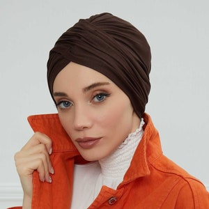 Turban instantané pré-noué pour femme, foulard chimio, bonnet élégant prêt à porter, turban en coton léger, bonnet pour femme B-9 Brown