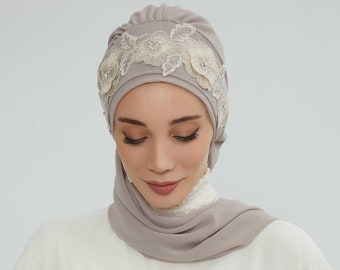 Instant tulband chiffon sjaal hoofd tulbanden met uniek bloemaccessoire voor dames hoofddeksels Stijlvol elegant ontwerp, HT-103