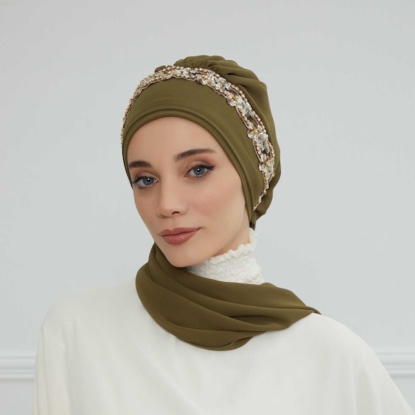 Turban instantané avec foulard en mousseline de soie, accessoire unique pour femme, design élégant et élégant, HT-101