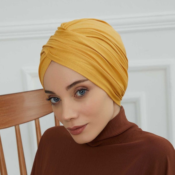 Foulard en coton uni avec turban pour la tête et bonnet léger pour femme, B-9