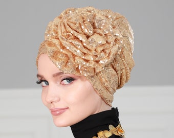 Instant Turban Scarf Polyester Sequined Glitter Head Wrap Lightweight Chemo Headwear Cancer Hat Rose Detail B-21P