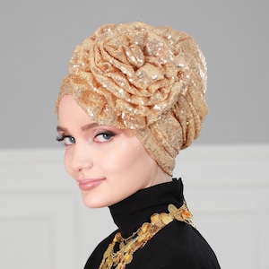 Instant Turban Scarf Polyester Sequined Glitter Head Wrap Lightweight Chemo Headwear Cancer Hat Rose Detail B-21P