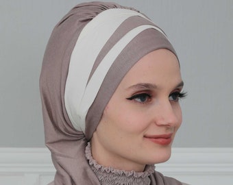 Turbans écharpe en coton multicolore pour femme, turban instantané en coton bicolore au design élégant, HT-80
