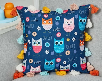 Colorful Owl Print Pillow Cover with Multicolored Tassels, 18x18 Inches Whimsical Night Birds Cushion Cover for Fun Kids Room Decor,K-366