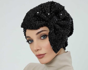 Turban instantané noir scintillant avec noeud, superbes couvre-chefs à paillettes pour femme, turban de soirée moderne, bonnet instantané pour femme, B-70SK