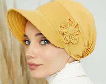 Zonnescherm Visor Instant Tulband met bloemenaccent, bloemenvizierkap voor dames, zonbeschermende dameskrantenjongenshoed, katoenen chemobonnet,B-72