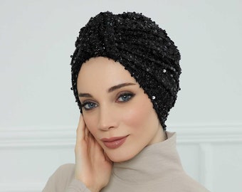Wrap turban instantané à paillettes pour femme, prêt-à-porter écharpe hijab à la mode et chic, couvre-chef chimio haute durabilité pré-noué, B-68SK