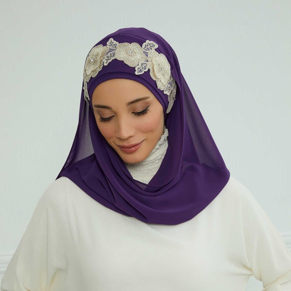 Sofortiger Chiffon-Schal mit eleganten Blumen-Accessoires, Abend-Hijab, bereit zum Tragen, bescheidene Turban-Kappe, CPS-101