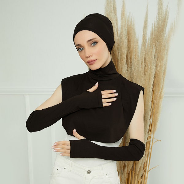 Bundle of 4 Modern Turban Tops with Sleeves, Colourful Bonnet, Decollete Concealer Cover and Dual Arm Warmers Set for Modest Fashion,KPT-3