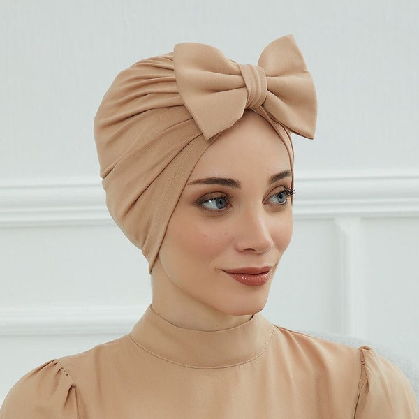 Turban instantané en coton uni avec un grand nœud papillon amovible, foulard chic avec bonnet pour femme, couvre-chef chimio confortable et élégant,B-27