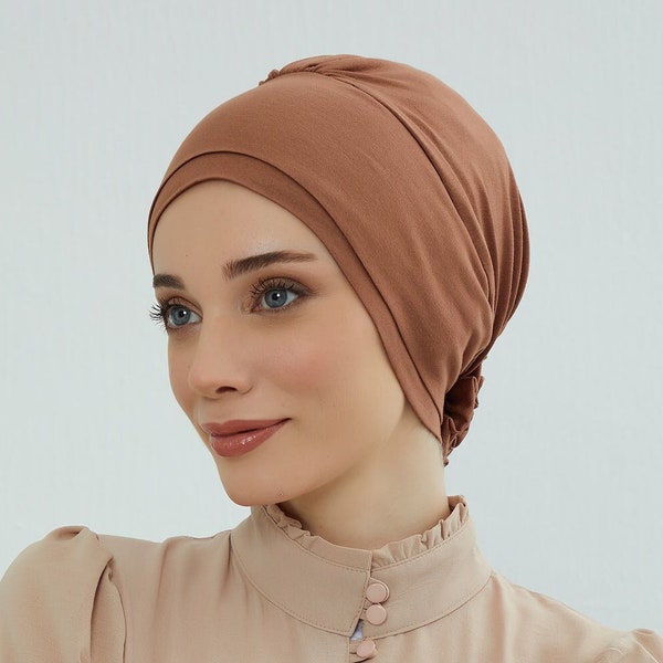 Elastic Easy Wrap Instant Turban Bonnet Cap for Women, Fashionable Single Colour Pre-Tied Turban Hijab, Cotton Elastic Chemo Headwear,B-53