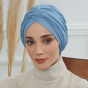 Turban instantané pré-noué pour femme, foulard chimio, bonnet élégant prêt à porter, turban en coton léger, bonnet pour femme B-9 Blue