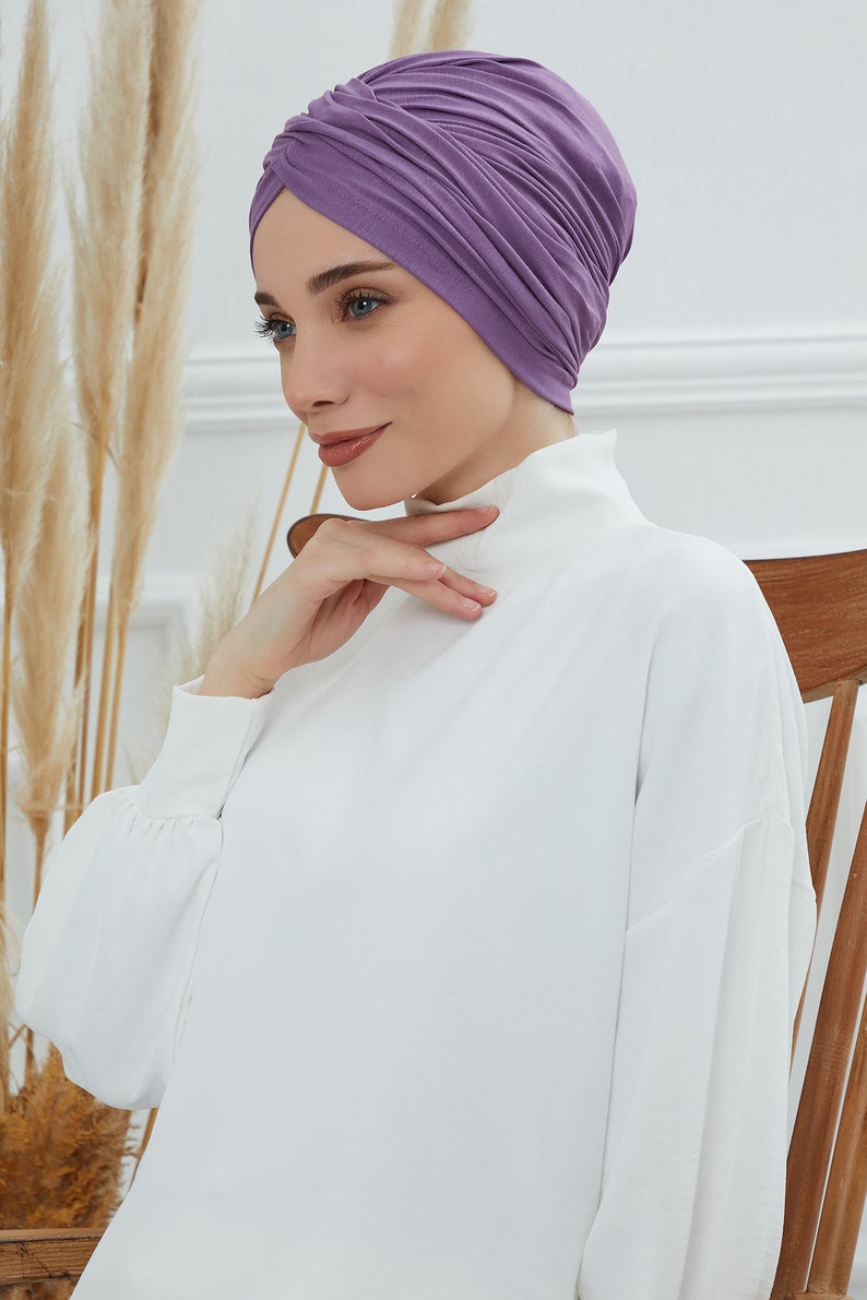 Turban instantané pré-noué pour femme, foulard chimio, bonnet élégant prêt à porter, turban en coton léger, bonnet pour femme B-9 Purple