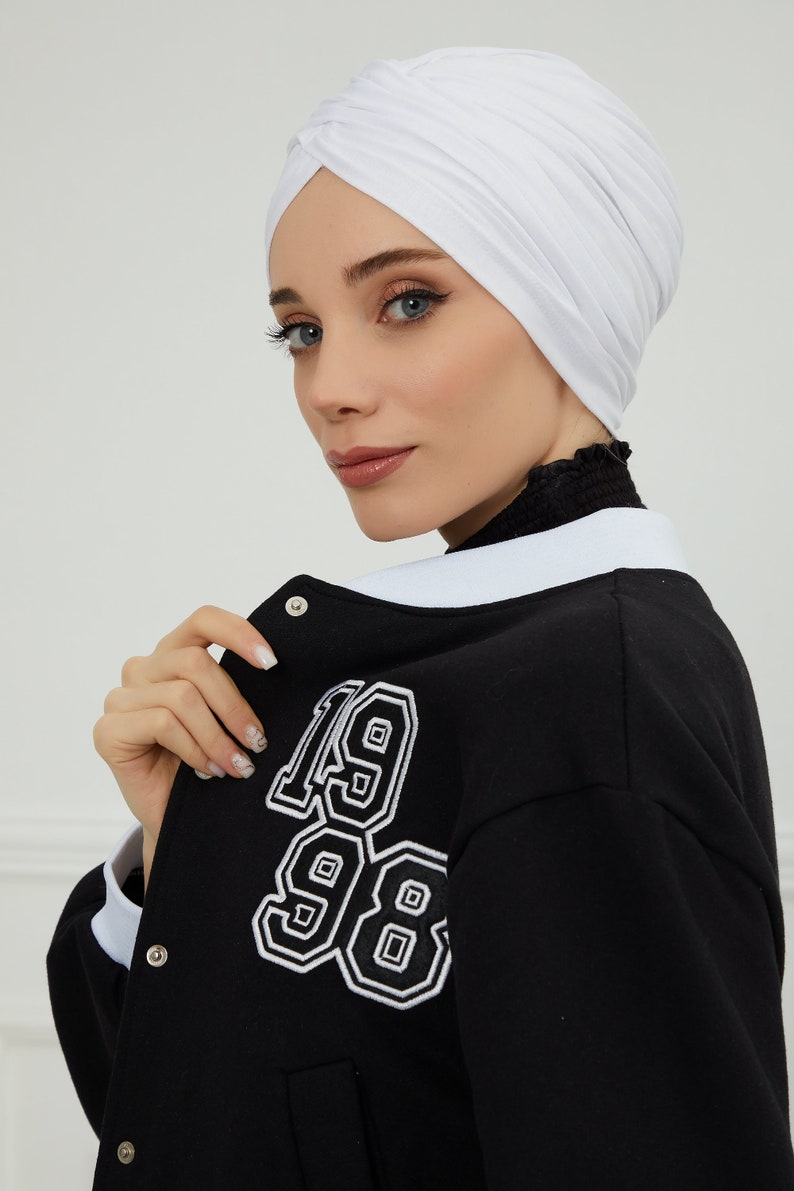 Turban instantané pré-noué pour femme, foulard chimio, bonnet élégant prêt à porter, turban en coton léger, bonnet pour femme B-9 White