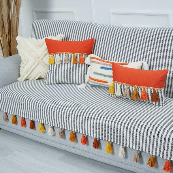 Custom-Made Boho Multicolored Tassel Sofa Cover 3 Seater Couch Slipcover Living Room Striped Pattern Couch Protector Sofa Cover,KO-30