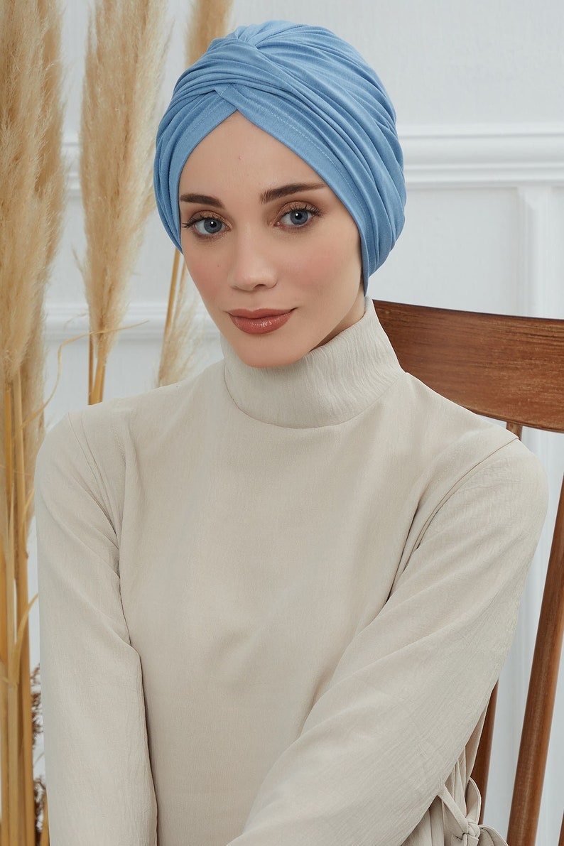 Turban instantané pré-noué pour femme, foulard chimio, bonnet élégant prêt à porter, turban en coton léger, bonnet pour femme B-9 Blue