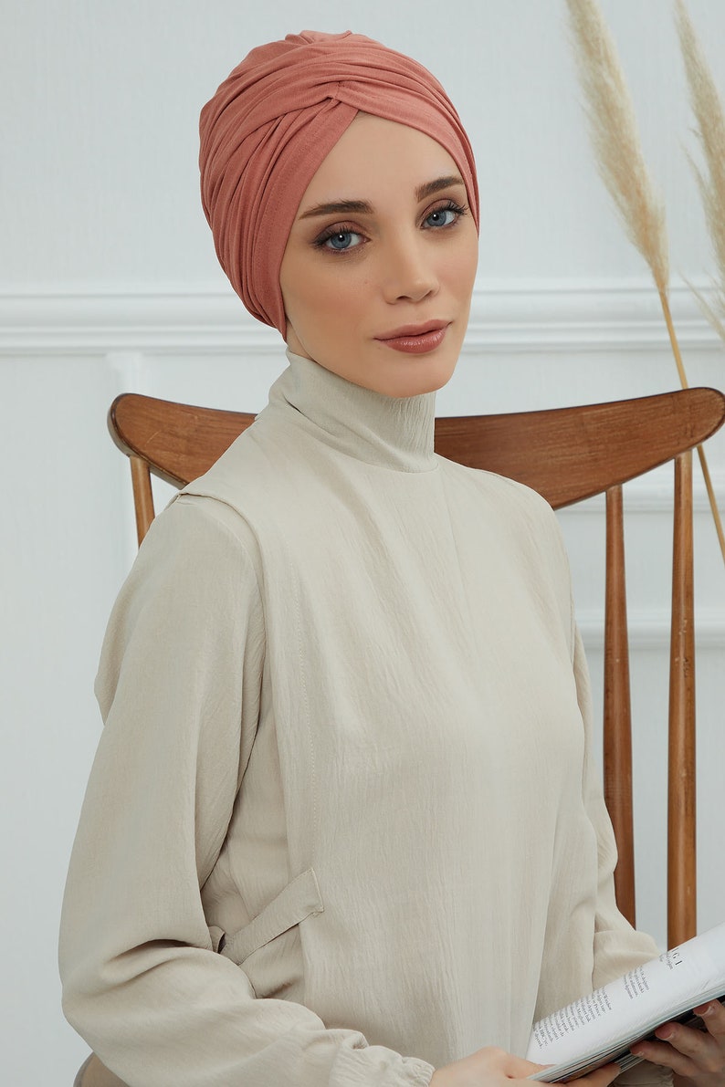 Turban instantané pré-noué pour femme, foulard chimio, bonnet élégant prêt à porter, turban en coton léger, bonnet pour femme B-9 Salmon